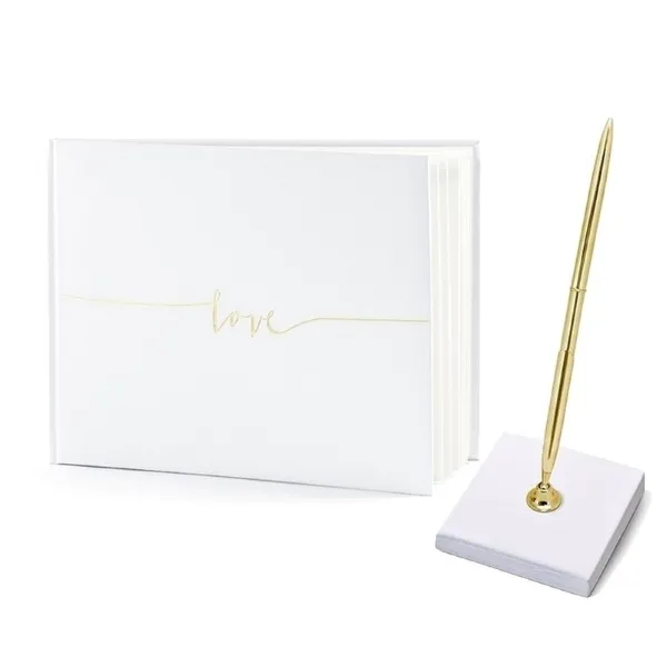 Bruiloft gastenboek love met luxe pen incl. houder