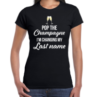 Pop champagne changing last name t-shirt zwart voor dames