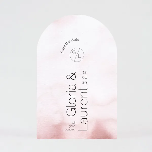 Afgerond save the date kaartje met roze aquarel Trouwen (proefdruk)