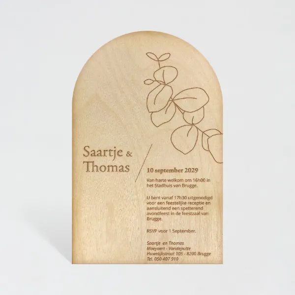 Afgeronde houten trouwkaart - Trouwen (proefdruk)