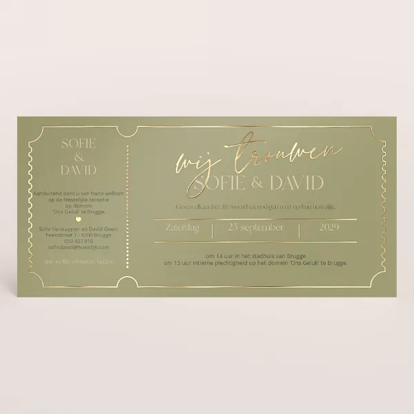 Chique ticket trouwkaart met goudfolie details - Trouwen (proefdruk)