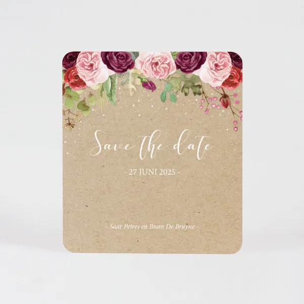 Kraft look Save the Date kaart kleurrijke bloemen