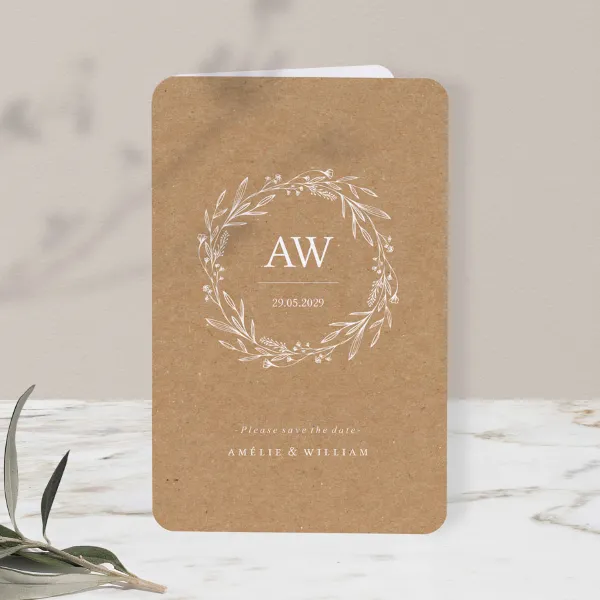 Kraft trouwkaart met witte bloemenkrans - Trouwen (proefdruk)