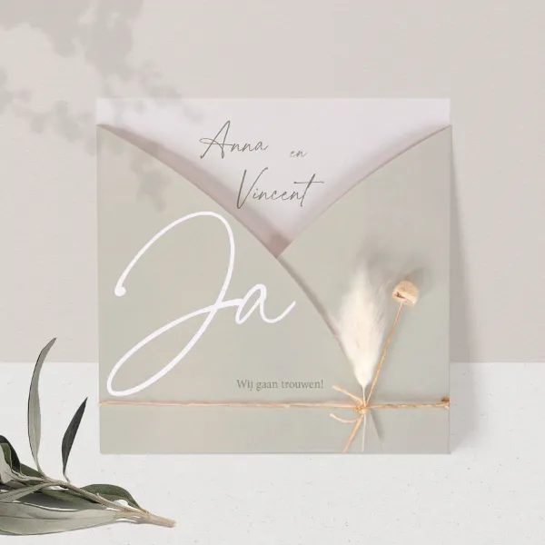 Pocketfold trouwkaart 'Ja' met touwtje (en droogbloem*) - Trouwen (proefdruk)