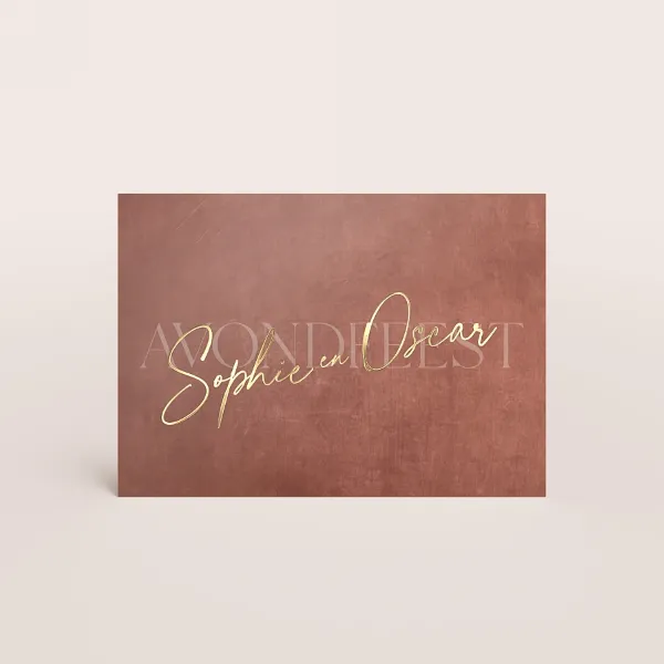 Roodbruin inlegkaartje met namen in goudfolie - Trouwen (proefdruk)