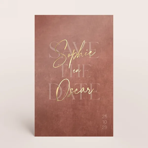 Roodbruine save the datekaart met namen in goudfolie - Trouwen (proefdruk)