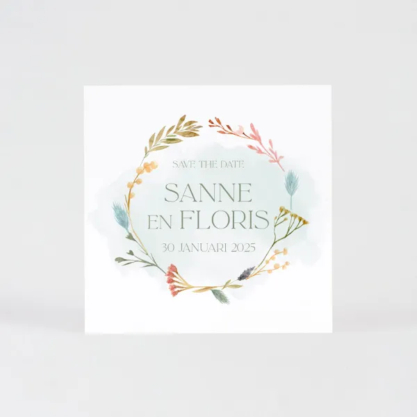 Save the date kaartje met droogbloemkrans