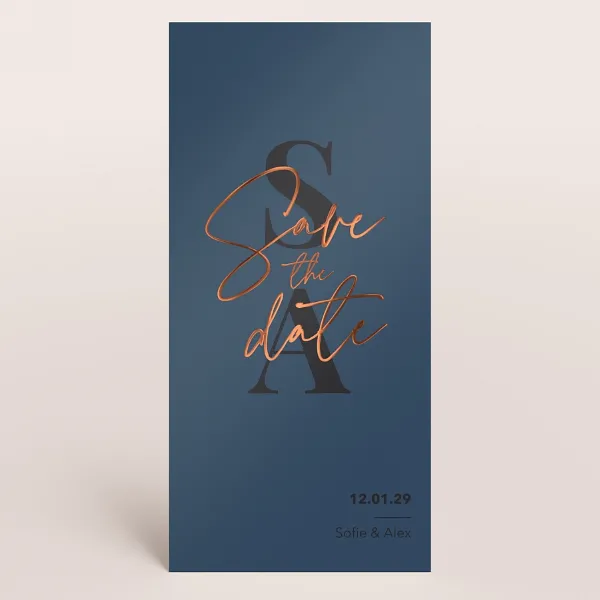 Stijlvolle save the date met initialen en koperfolie - Trouwen (proefdruk)
