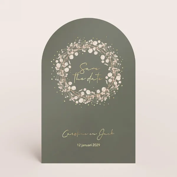 Stolpvormige save the date met bloemenkrans en goudfolie - Trouwen (proefdruk)