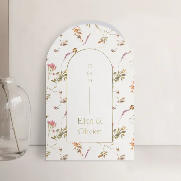 Stolpvormige trouwkaart met bloemen en goudfolie - Trouwen (proefdruk)