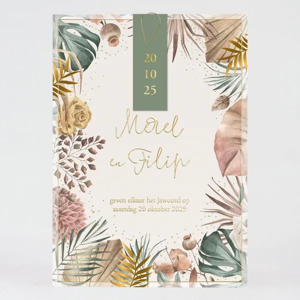 Tropische trouwkaart met label, gouden paperclip en goudfolie - Trouwen (proefdruk)