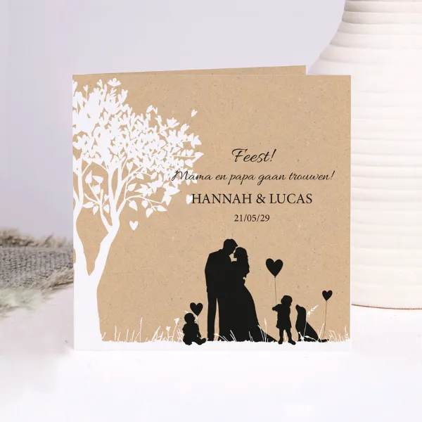 Trouwkaart kraftlook met silhouet gezin - Trouwen (proefdruk)