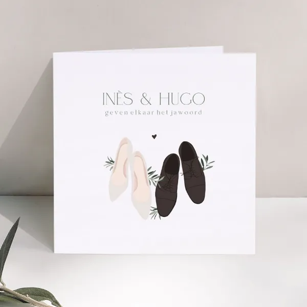 Trouwkaart met illustratie van trouwschoenen - Trouwen (proefdruk)