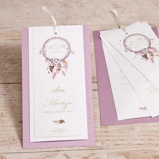 Trouwkaart waaier met paarse dromenvanger | Buromac 108098 - Trouwen (proefdruk)