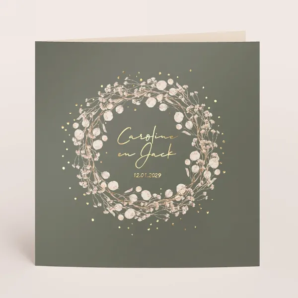 Vierkante huwelijksuitnodiging met bloemenkrans en goudfolie - Trouwen (proefdruk)