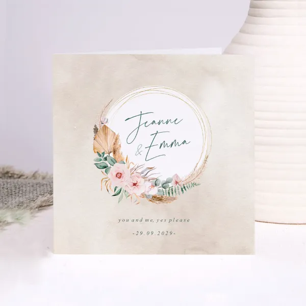 Vierkante trouwkaart met bloemenkrans en quote - Trouwen (proefdruk)