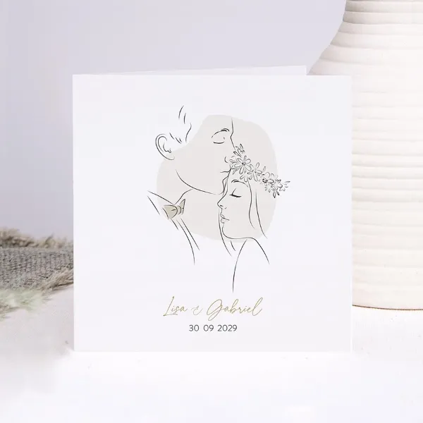 Vierkante trouwkaart met lijntekening van koppel - Trouwen (proefdruk)