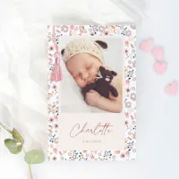 Fleurig geboortekaartje met foto en kwastje (proefdruk)