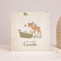 Lief geboortekaartje in linnenlook met ree en draagmand (proefdruk)