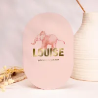 Ovaal geboortekaartje roze olifant met goudfolie (proefdruk)