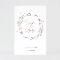 Save the datekaart met bloemenkrans en goudfolie Trouwen (proefdruk)