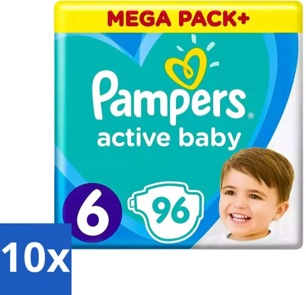 10 x Pampers - Active Baby - Luiers - Maat 6 (13-18 kg) - Extra Groot - 96 Luiers - Luiers Voor Kleuters - Superabsorberende Luiers - Ademend Luiers - Luiers Met Elastische Zijkanten - Luiers Voor Gev
