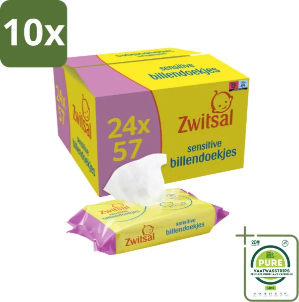 10 x Zwitsal - Billendoekjes Sensitive - 24 x 57 stuks per verpakking - Megaverpakking - Grootverpakking - Billendoekjes - Babyhuid - Luieruitslag - Zachte Billendoekjes - Gevoelige Babyhuid