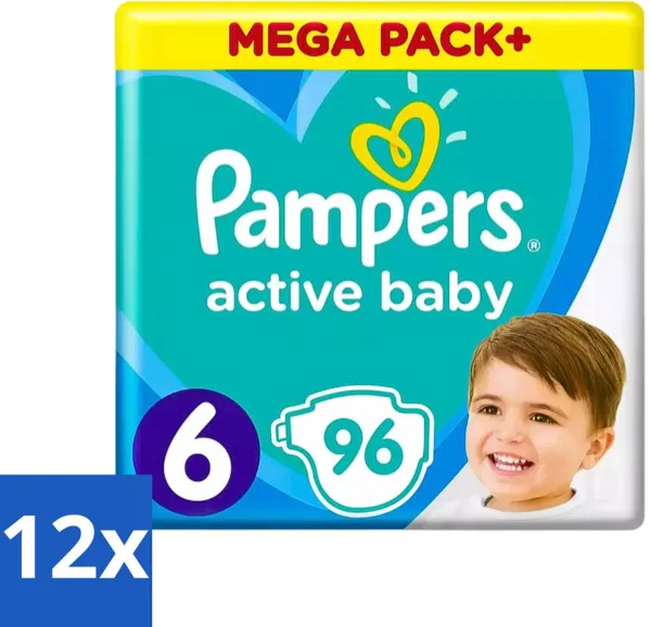 12 x Pampers - Active Baby - Luiers - Maat 6 (13-18 kg) - Extra Groot - 96 Luiers - Pampers Luiers - Baby Luiers - Luiers Maat 6 - Luiers Voor Actieve Baby's - Luiers Voor Peuters
