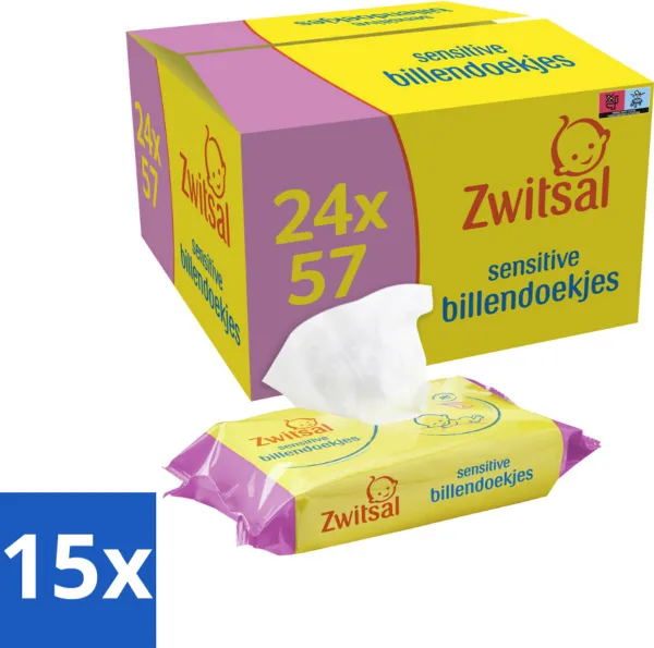 15 x Zwitsal - Billendoekjes Sensitive - 24 x 57 stuks per verpakking - Megaverpakking - Zwitsal - Babyverzorging - Kamille - Zinkzalf