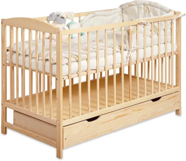 2-in-1 Babybed met Lade en Verstelbare Hoogte - Om te bouwen tot Juniorbed - Spijlenbed voor Jongens en Meisjes - Bruin 60x120