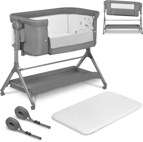 3 in 1 Vrijstaand Kinderbed tot 9kg met Uitschuifbed en Wieg - Hoogteverstelling, Afneembare Zijkant, Wielen met Rem, Grote Mand