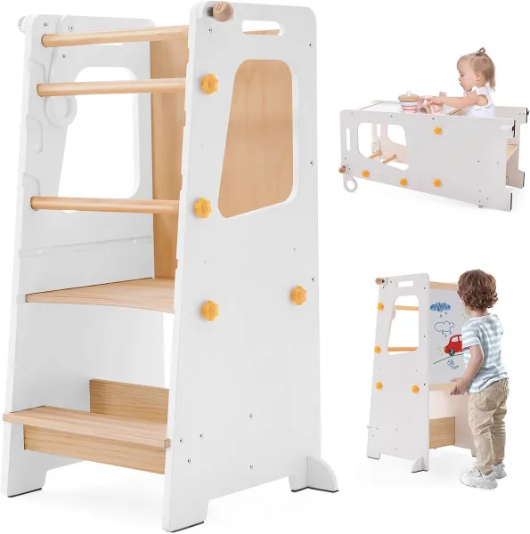 4-in-1 keukentoren voor peuters, keukenkrukhulp voor kinderen, staande toren met converteerbare tafel en stoel, peuteropstapkruk met verstelbare hoogte, whiteboard en veiligheidsrail voor keuken