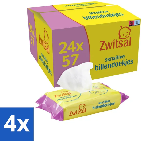 4 x Zwitsal - Billendoekjes Sensitive - 24 x 57 stuks per verpakking - Megaverpakking - Billendoekjes - Babyhuid - Luieruitslag - Zachte Billendoekjes - Gevoelige Babyhuid