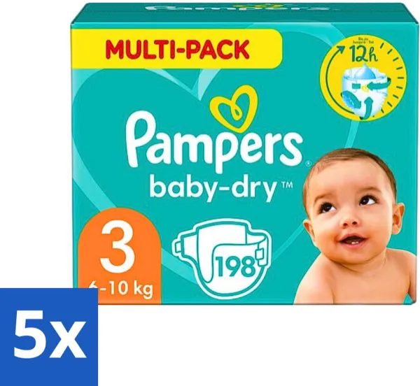 5 x Pampers - Baby-Dry - Luiers - Maat 3 (6-10 kg) - 198 Luiers - Luiermaat 6-10 Kg - Luierbescherming - Babycomfort - Luierabsorptie - Dermatologisch Getest