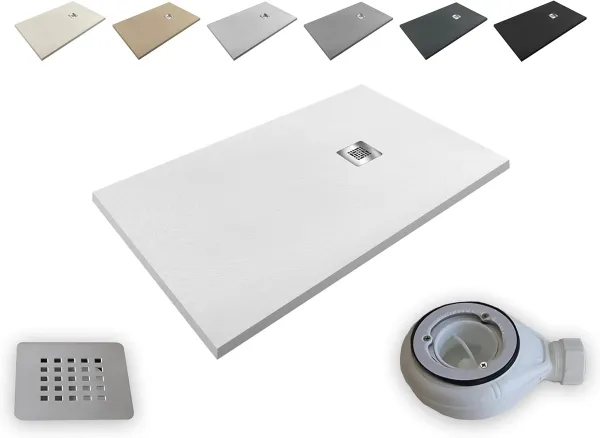 Antislip Douchebak Extra Plat 180 x 90 cm - Leisteen Textuur, Incl. Afvoerventiel, Wit