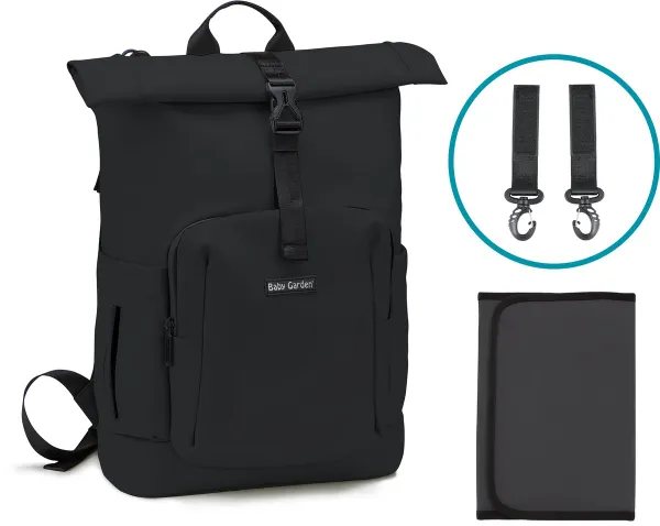 Baby Garden Luiertas Salerno - Luiertas Rugzak Rolltop - 20L tot 25L - Verstelbaar - Inclusief verschoonmatje & Kinderwagen Haken - Zwart