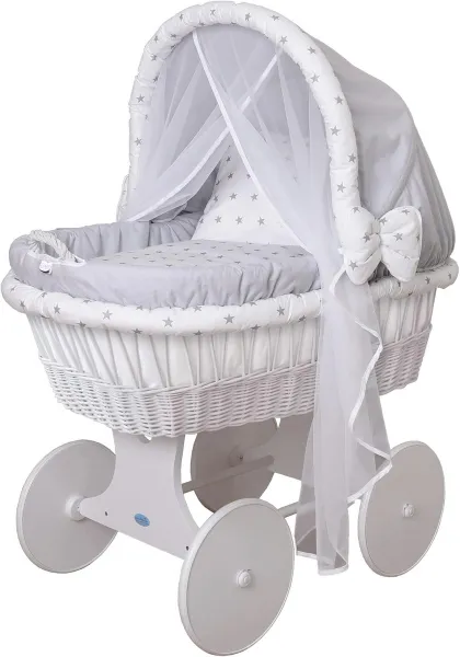 Babybed set met materialen, XXL, handkar, compleet, 54 modellen, frame/wielen wit, stofkleur grijs/sterren grijs