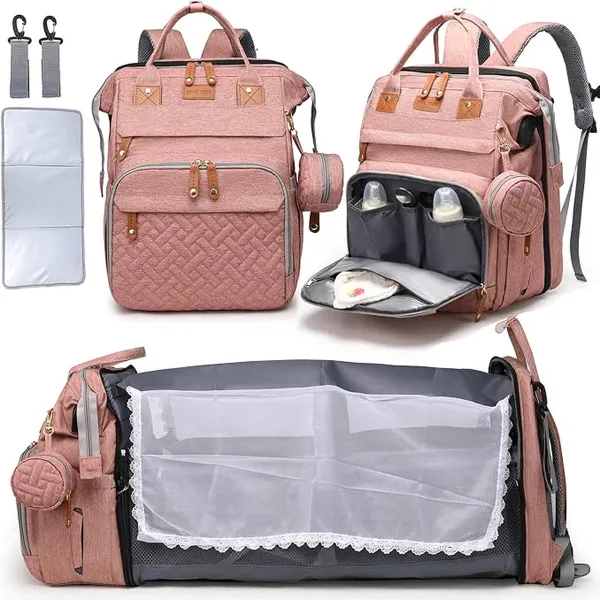 Babyverschoonrugzak met aankleedkussen, reistas met afneembaar opklapbed, casual grijs, multifunctioneel, waterdicht met USB-oplaadpoort voor ouders