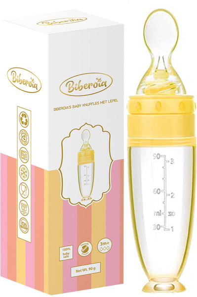 patroon Buskruit Haven Biberoia® Gele Baby knijpfles met lepel met dop - Anti-Knoei lepel -  Babyfles - Doseerfles - Voedingslepel - Lepelfles - Babylepel - Babyfles -  Silliconen - BPA vrij kopen | Baby / Geboorte