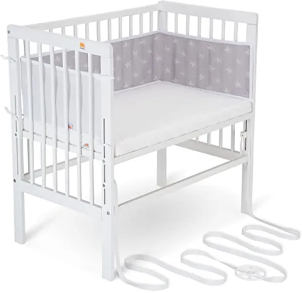 Bijzetbed voor Baby, Traploos in Hoogte Verstelbaar, Massief Wit Gelakt Beukenhout, Inclusief Comfort Matras en Netnestje