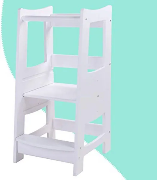 EGREE Peuters keuken opstapkruk met veiligheidsrail kinderen houten leertoren voor aanrecht en badkamer gootsteen, 3 hoogtes verstelbare opstapkruk maandhelper, massief houten constructie, wit