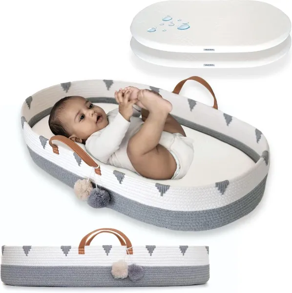 Geweven katoenen touw Moses aankleedmand mat - kinderkamer dressoir tafeltopper - zachte schuimpad - natuurlijke bamboe - waterdichte hoezen - baby's luier verschonen verschoonmand