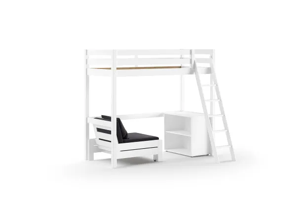 Hoogslaper Pino - 90x200cm - met boekenkast en zetelbed - Wit - Vipack - Kinderbedden met uitvalbeveiliging - Wit - Hout; MDF - Kinderbedden met uitvalbeveiliging - Eenpersoons - Hoogslaper