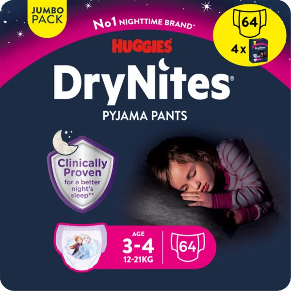 Huggies DryNites luierbroekjes - meisjes - 3 tot 4 jaar (12 - 21 kg) - 64 nachtbroekjes - extra voordeel