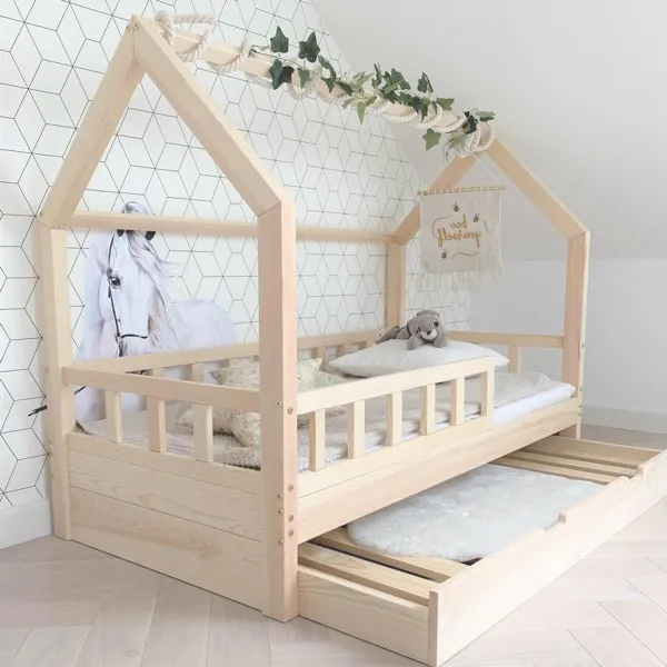 Huisbed 100x200cm met Valbeveiliging van Natuurlijk Hout - Kinderbed met Bedlade - Ideaal voor de Kinderkamer
