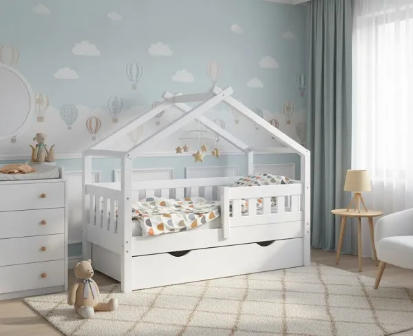 Huisbed Kinderbed met Dakframe & 2 Opberglades – Montessori Speelbed van Massief Hout, Wit, 70x140 cm, Inclusief Lade & Montage set – Novihome