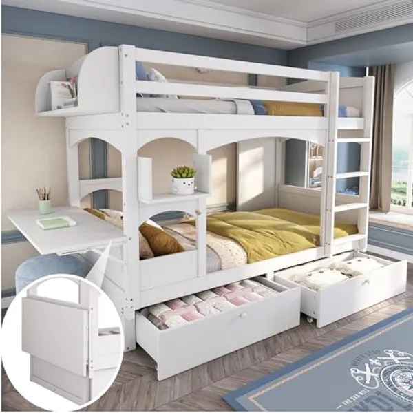 Kinder Hoogslaper met Bureau en Lades - Dubbele Bed voor 2 Personen - 90 x 200 cm - Wit