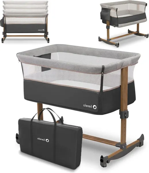 Leonie bijzetbed met schommelfunctie en 5-traps hoogteverstelling - inclusief zijwand, transporttas en wielen - schuine matras - voor positionering onder hoek - oprolbaar - Co Sleeper