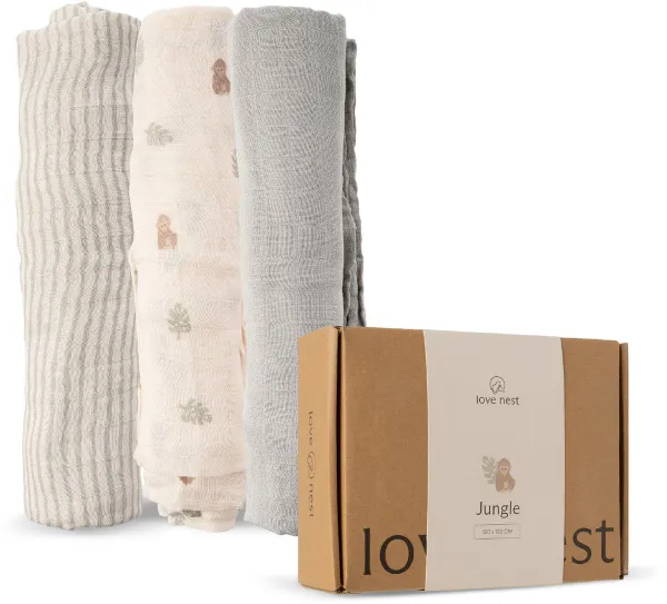 Love Nest Hydrofiele Doeken Jungle – 120x120 cm – Set van 3 – Tetradoeken Baby – Ultra Zacht & Absorberend – Voor Jongens en Meisjes – Kraamcadeau