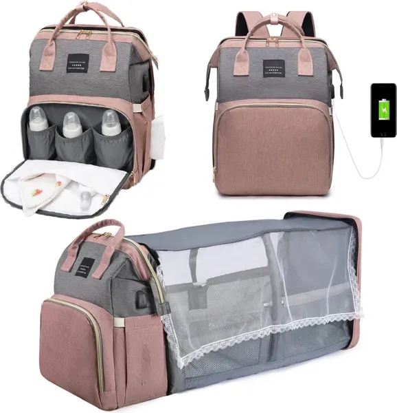 Bloominggoods® Luiertas Rugzak met Babybed - Inclusief Flessenwarmhouder - Kinderwagenhaken en Isoleervak - Roze/Grijs - BPA-vrij